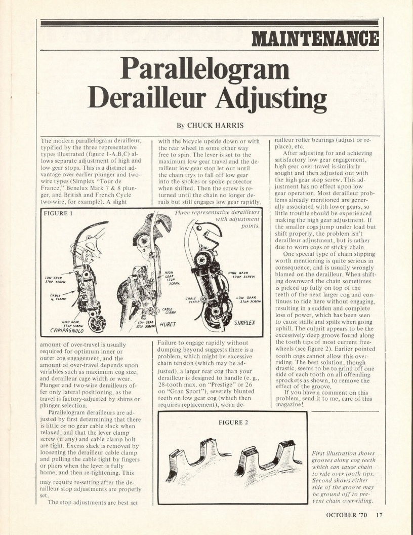 <------ Bicycling Magazine 10-1970 ------> Parallelogram Derailleur Adjustment Technique