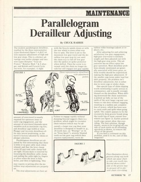 <------ Bicycling Magazine 10-1970 ------> Parallelogram Derailleur Adjustment Technique
