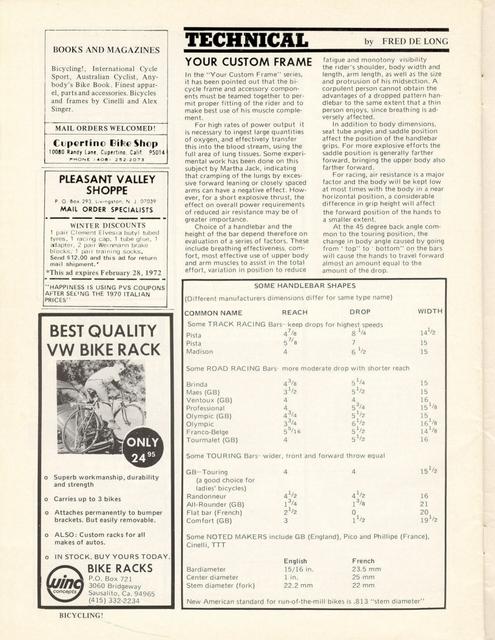 <------ Bicycling Magazine 01-1972 ------> The Custom Bicycle - Part 6 - Handlebar Options