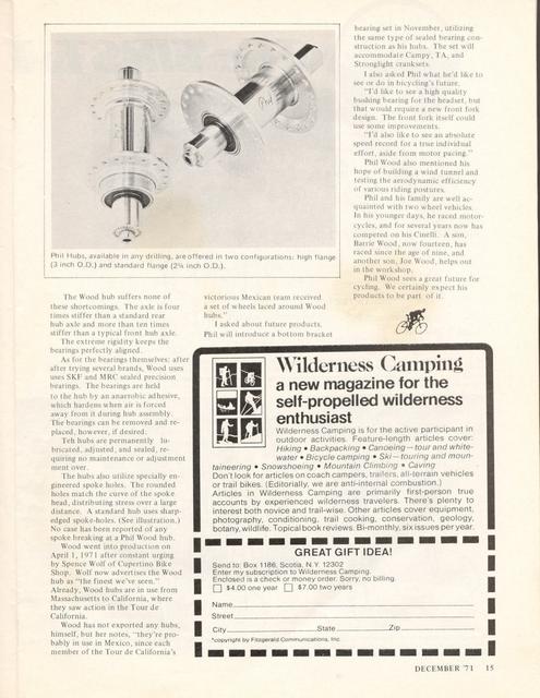 <------ Bicycling Magazine 12-1971 ------> The Hub Of The Matter - Phil Wood