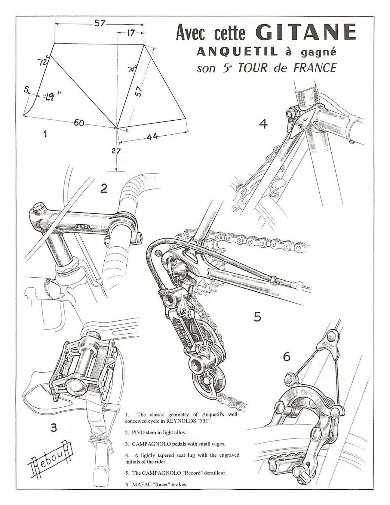 Daniel Rebour Detail Drawings Of Jacques Anquetil's 1964 Tour de France Winning Gitane (07-1964)