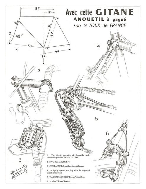 Daniel Rebour Detail Drawings Of Jacques Anquetil's 1964 Tour de France Winning Gitane (07-1964)