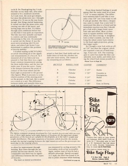<------ Bicycling Magazine 05-1972 ------> Bicycle Stability - Part 1