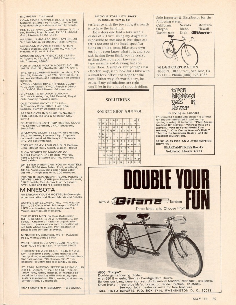 <------ Bicycling Magazine 05-1972 ------> Bicycle Stability - Part 1