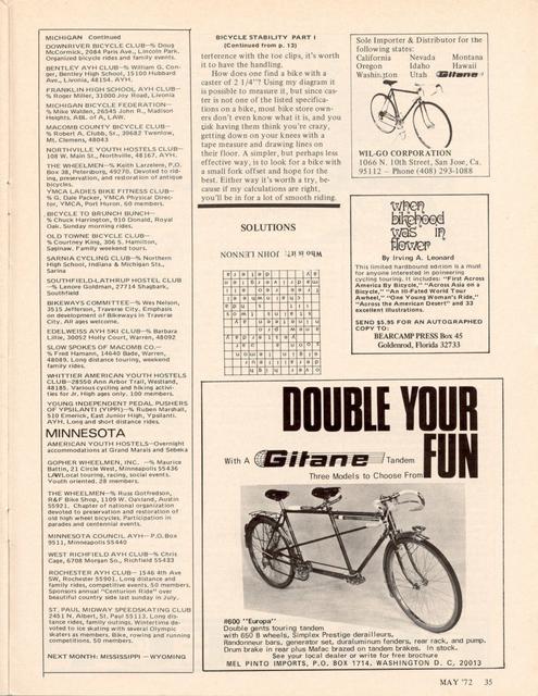 <------ Bicycling Magazine 05-1972 ------> Bicycle Stability - Part 1