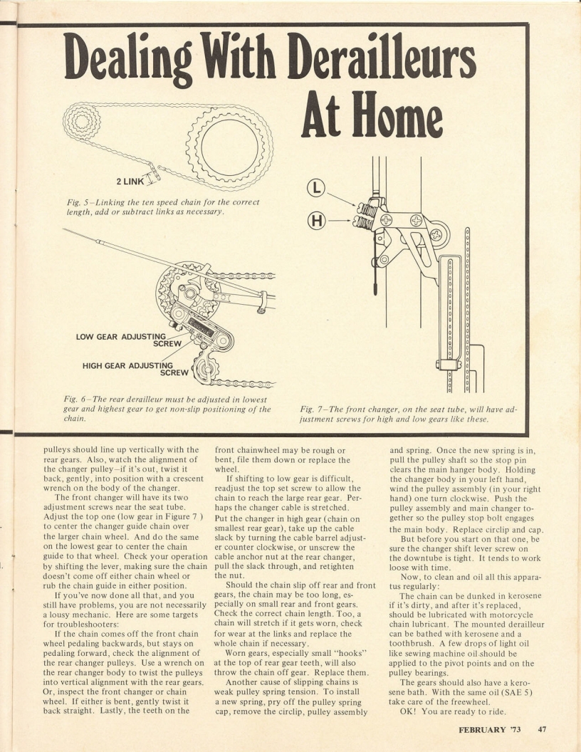 <------ Bicycling Magazine 02-1973 ------> Dealing With Derailleurs At Home