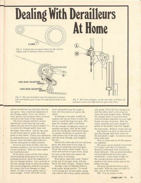 <------ Bicycling Magazine 02-1973 ------> Dealing With Derailleurs At Home