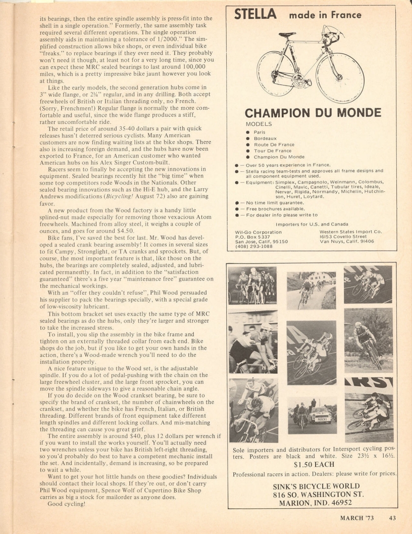 <------ Bicycling Magazine 03-1973 ------> New Phil Wood Products