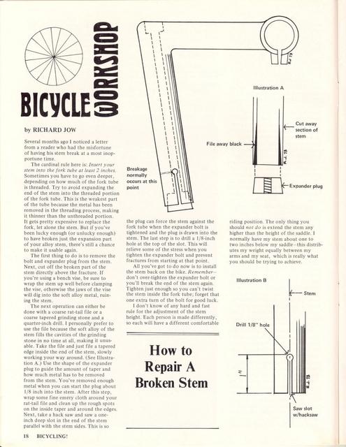 <------ Bicycling Magazine 07-1973 ------> Repairing A Broken Stem