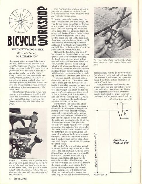 <------ Bicycling Magazine 10-1973 ------> Reconditioning A Bike - Part 1