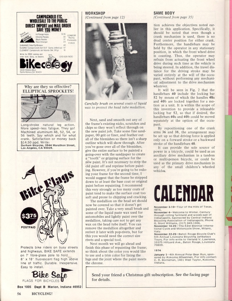 <------ Bicycling Magazine 11-1973 ------> Reconditioning A Bike - Part 2