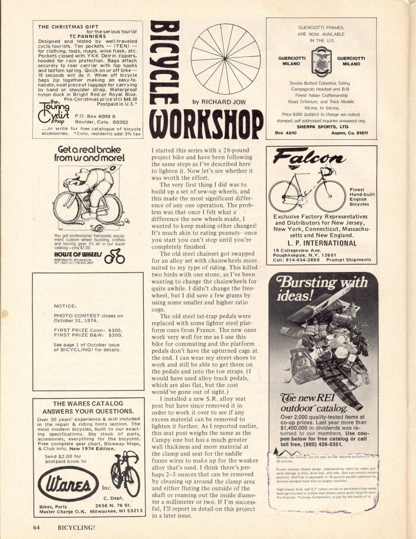 <------ Bicycling Magazine 11-1974 ------> Lightening Your Bike - Part 8