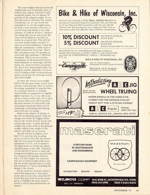 <------ Bicycling Magazine 11-1974 ------> Lightening Your Bike - Part 8