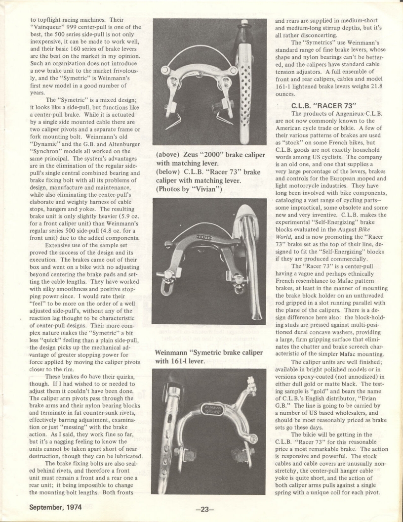 <---------- Bike World 09-1974 ----------> Three New Brakesets - Weinmann Symetric / CLB Racer 73 / Zeus 2000