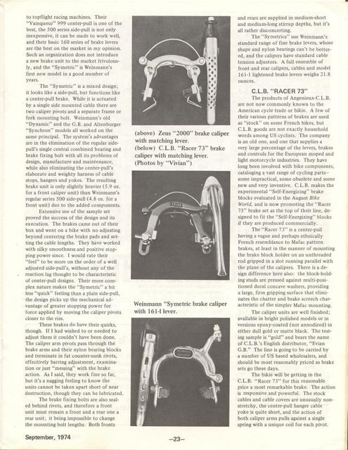 <---------- Bike World 09-1974 ----------> Three New Brakesets - Weinmann Symetric / CLB Racer 73 / Zeus 2000