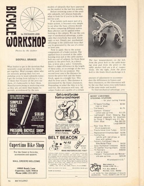 <------ Bicycling Magazine 12-1974 ------> Sidepull Brake Synopsis