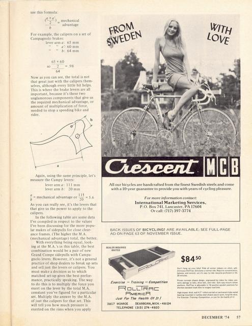 <------ Bicycling Magazine 12-1974 ------> Sidepull Brake Synopsis