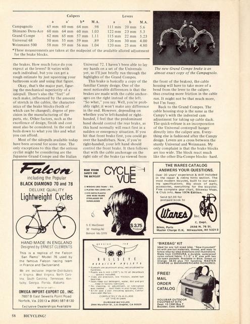 <------ Bicycling Magazine 12-1974 ------> Sidepull Brake Synopsis