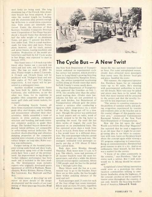 <------ Bicycling Magazine 02-1975 ------> Filament Wound Reinforced Plastic Frames