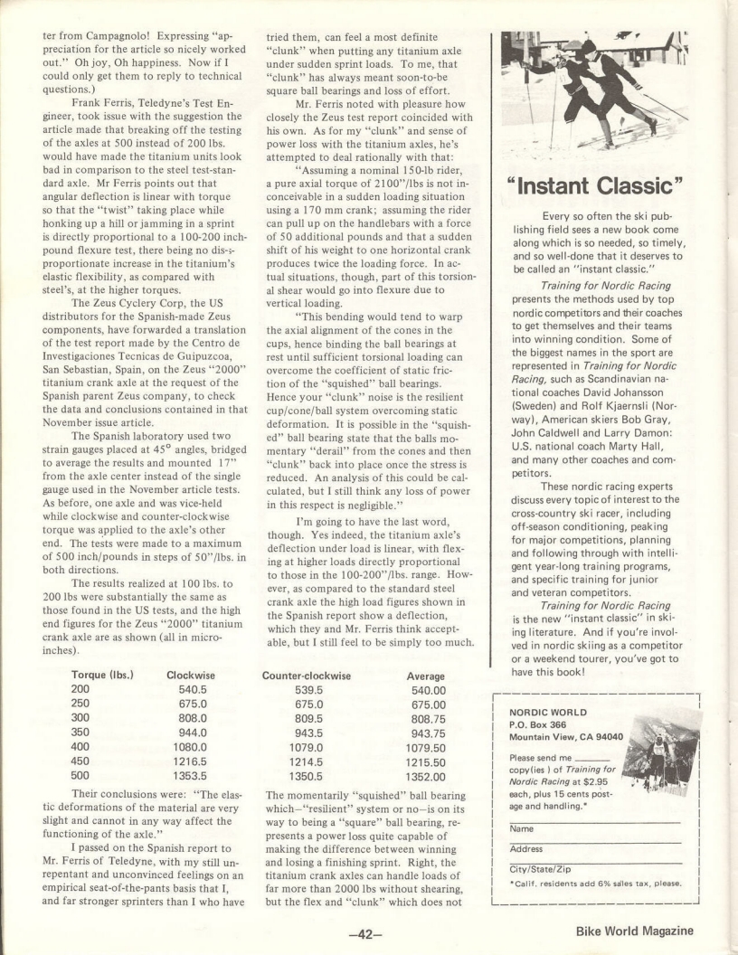 <---------- Bike World 03-1975 ----------> Technical Notes - Frameset Materials / Ergal / Titanium / Headsets
