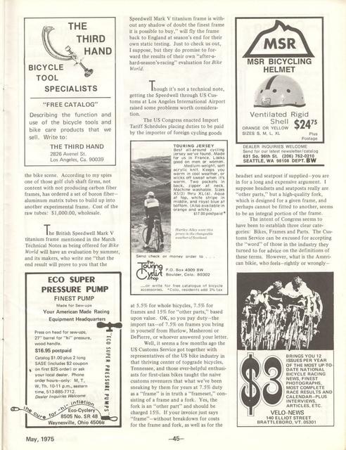 <---------- Bike World 05-1975 ----------> Technical Notes - Aluminum Frames / Zeus 2000 / Speedwell
