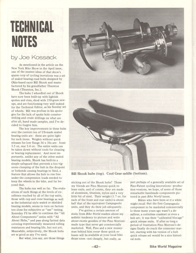 <---------- Bike World 06-1975 ----------> Technical Notes - Bill Shook / Pino Morroni / Cool Gear / Cinelli 3L saddle