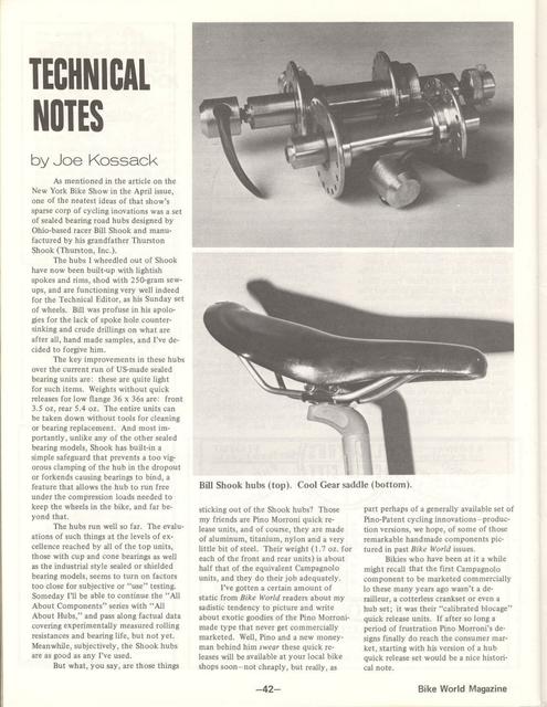 <---------- Bike World 06-1975 ----------> Technical Notes - Bill Shook / Pino Morroni / Cool Gear / Cinelli 3L saddle