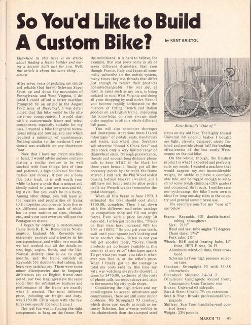 <------ Bicycling Magazine 03-1975 ------> So You’d Like To Build A Custom Bike?
