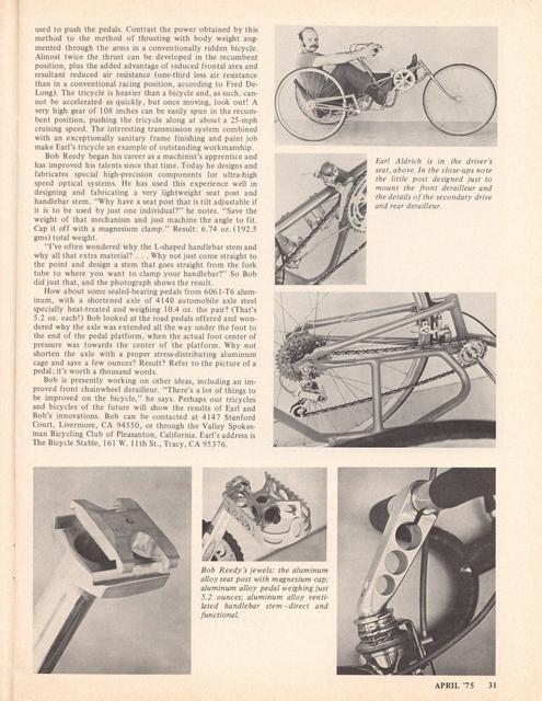 <------ Bicycling Magazine 04-1975 ------> Unsung Heros Of The Bicycle Revolution:  Earl Aldrich And Bob Reedy