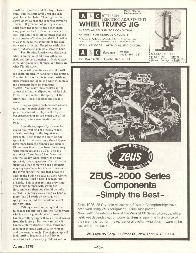 <---------- Bike World 08-1975 ----------> Making Simplex Derailleurs Work