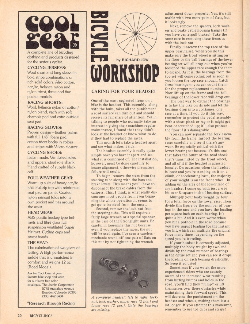 <------ Bicycling Magazine 09-1975 ------> Caring For Your Headset