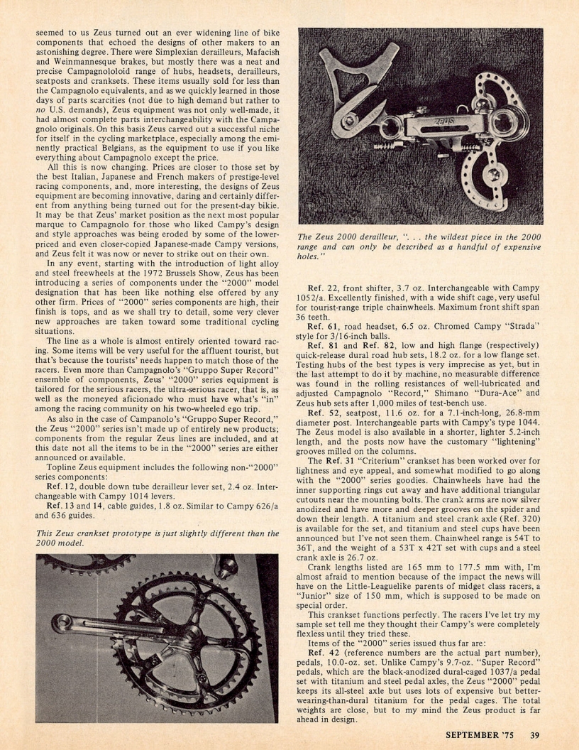 <------ Bicycling Magazine 09-1975 ------> New Zeus Components - The 2000 Series