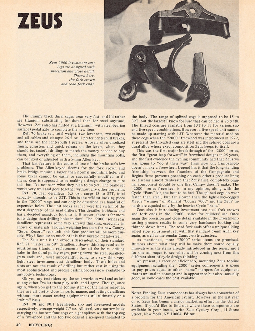 <------ Bicycling Magazine 09-1975 ------> New Zeus Components - The 2000 Series