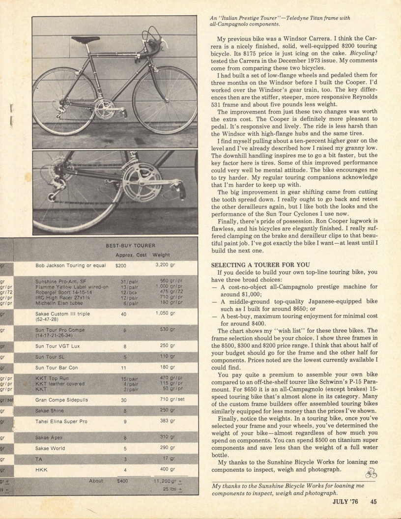 <------ Bicycling Magazine 07-1976 ------> Build Your Own Super Tourer - Part 3