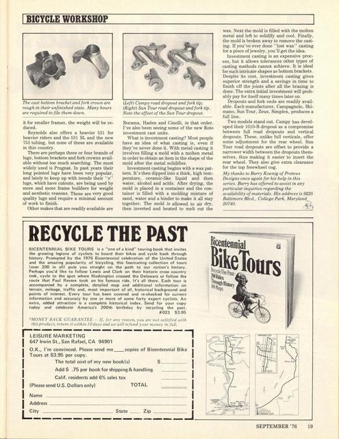 <------ Bicycling Magazine 09-1976 ------> Building A Frame - Part 2 (Follow-Up)