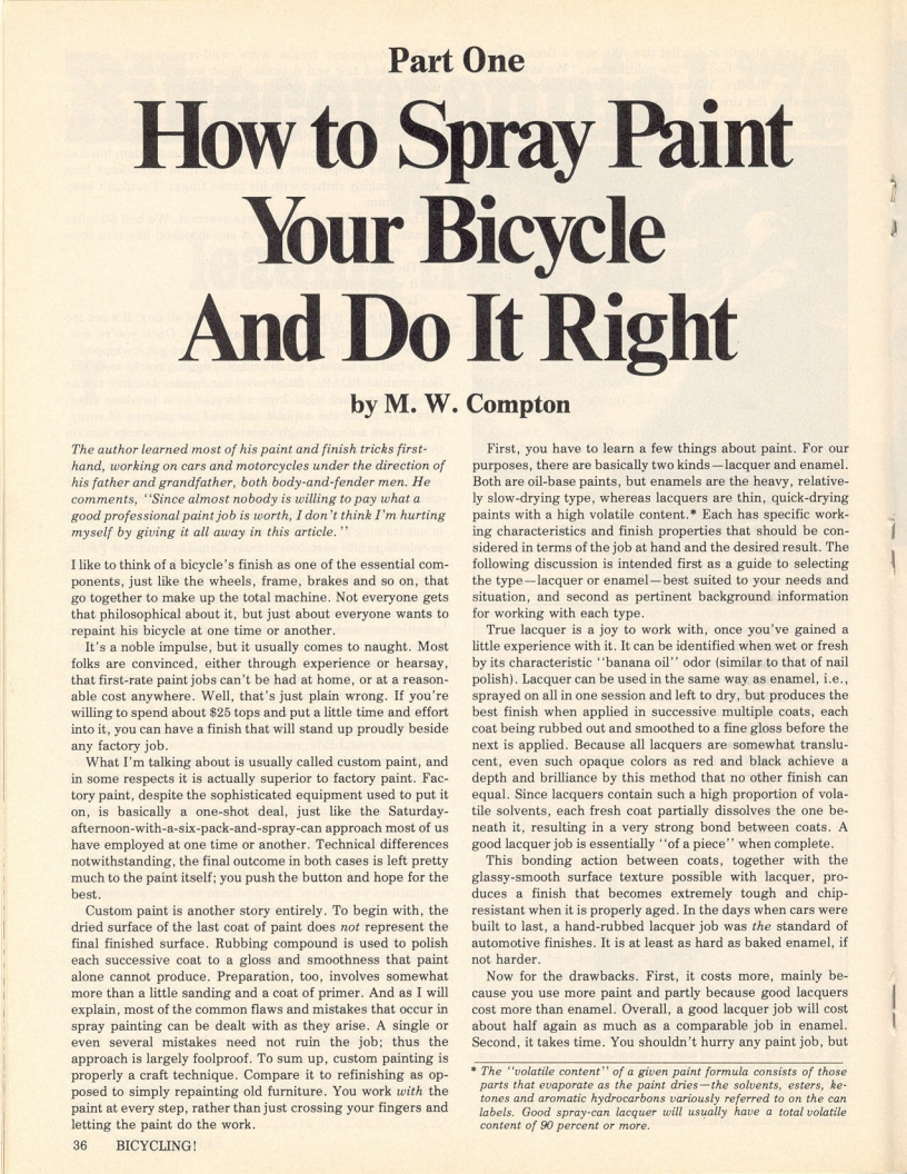 <------ Bicycling Magazine 09-1976 ------> How To Spray Paint Your Bicycle - Part 1