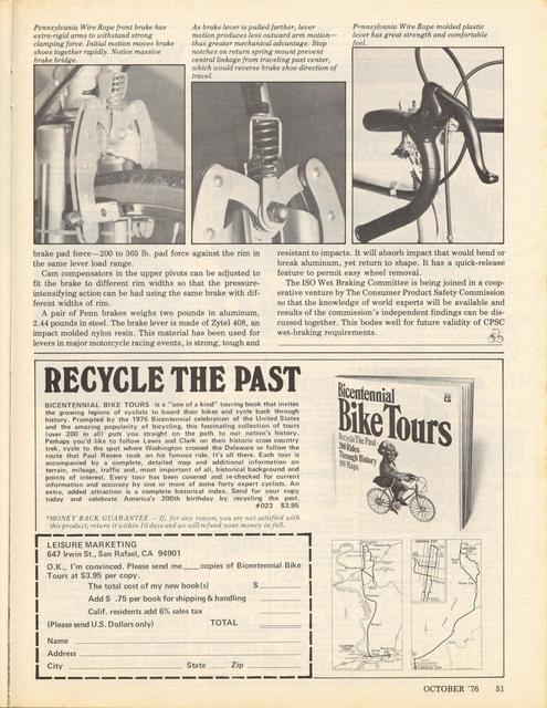 <------- Bicycling Magazine 10-1976 -------> More On Wet Braking Developments