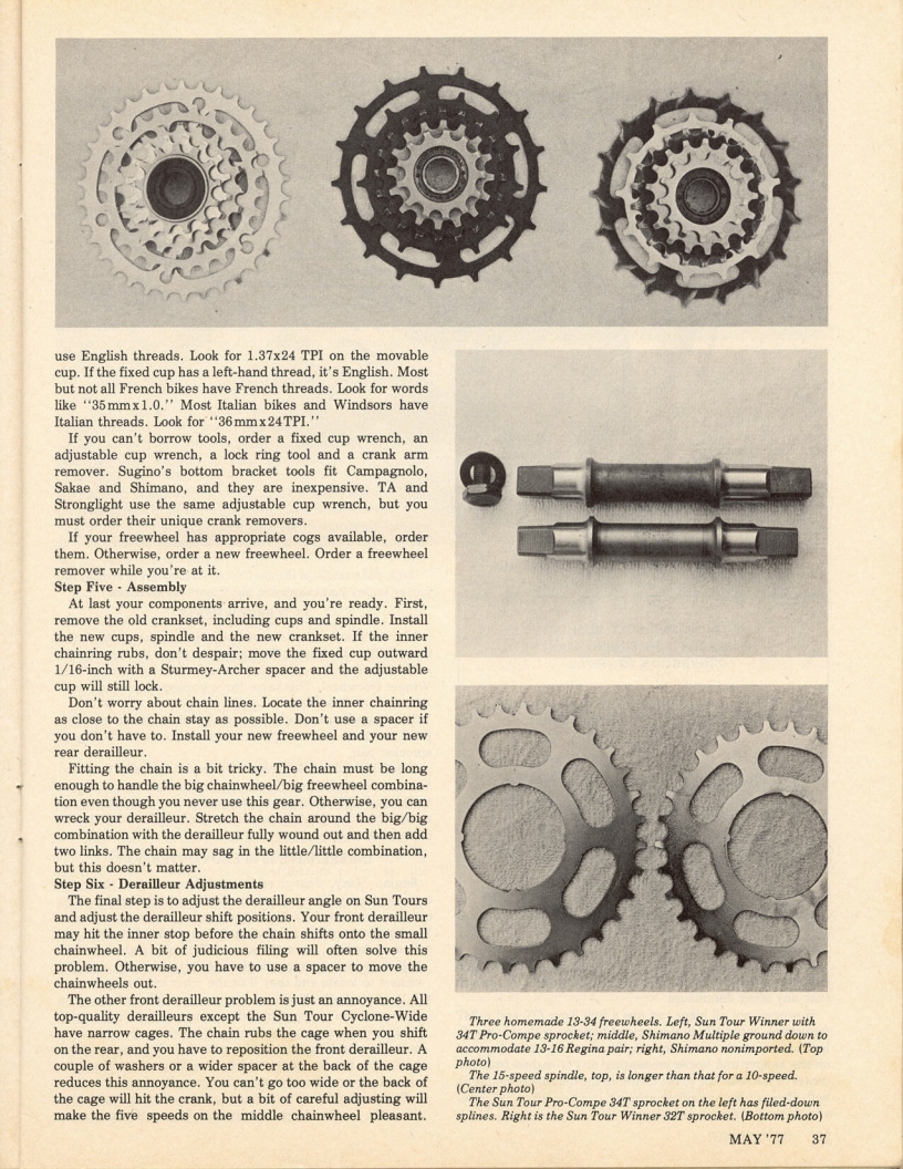 <------ Bicycling Magazine 05-1977 ------> All About 15 Speeds - Part 3 - Converting From 10 To 15 Speeds