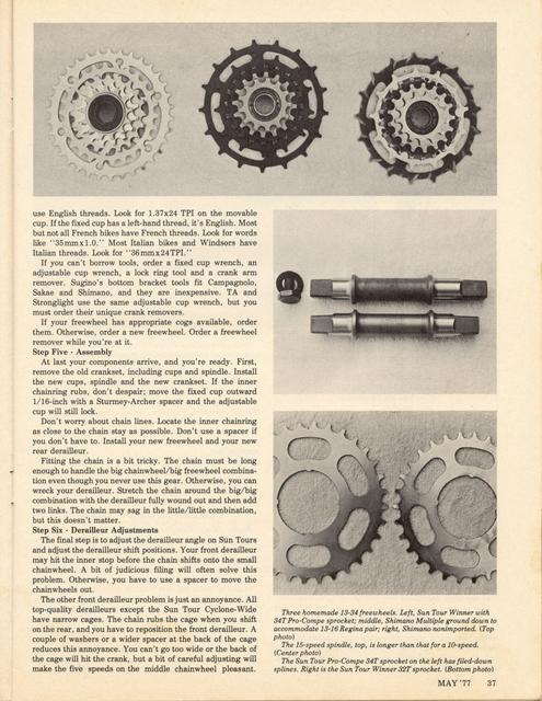 <------ Bicycling Magazine 05-1977 ------> All About 15 Speeds - Part 3 - Converting From 10 To 15 Speeds