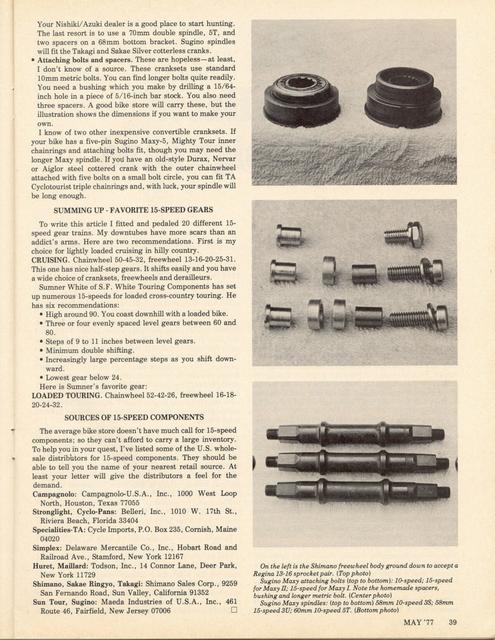 <------ Bicycling Magazine 05-1977 ------> All About 15 Speeds - Part 3 - Converting From 10 To 15 Speeds