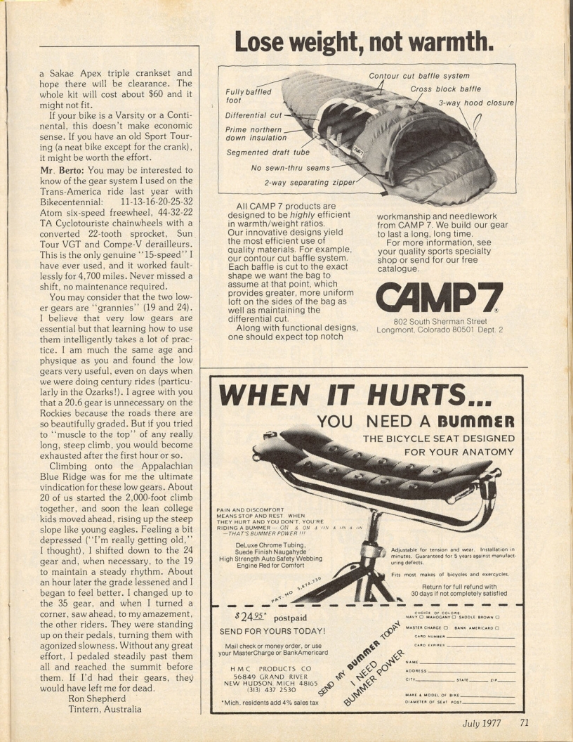 <------ Bicycling Magazine 07-1977 ------> All About 15 Speeds - Part 4 - Feedback