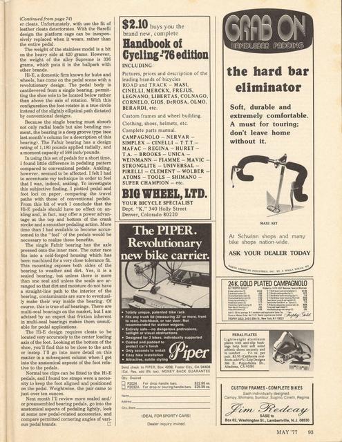 <------ Bicycling Magazine 05-1977 ------> Pedal Technology - Part 2 - Cinelli / Barelli / Hi-E