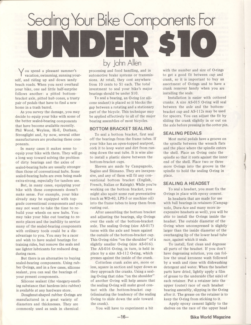<------ Bicycling Magazine 07-1977 ------> Sealing Your Bike Components