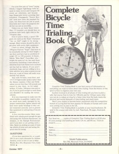 <---------- Bike World 10-1977 ----------> Equipping Your Race Bike - Part 1 - Wheels