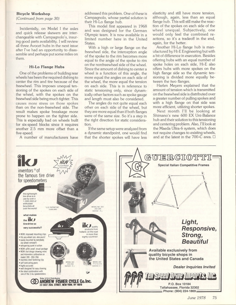 <------ Bicycling Magazine 06-1978 ------> Wheel Equipment - Part 2