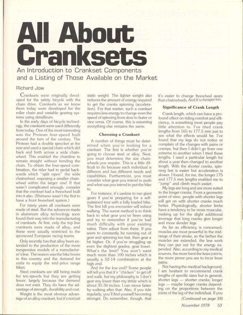 <------ Bicycling Magazine 11-1978 ------> All About Cranksets - Part 1