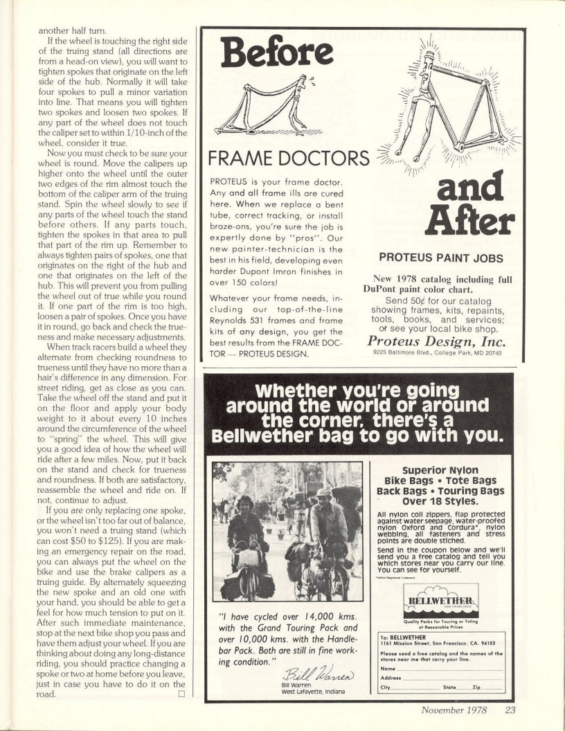 <------ Bicycling Magazine 11-1978 ------> Repairing A Broken Spoke