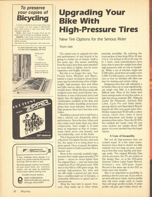 <------ Bicycling Magazine 02-1979 ------> Bicycle Tires - Part 2 - Upgrading Your Bike With High Pressure Tires