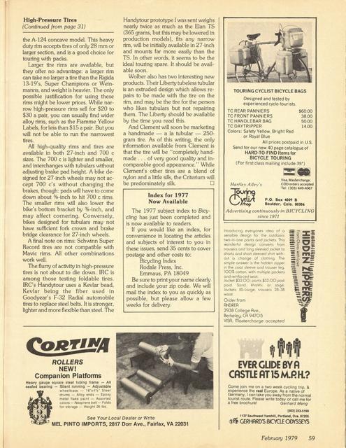 <------ Bicycling Magazine 02-1979 ------> Bicycle Tires - Part 2 - Upgrading Your Bike With High Pressure Tires