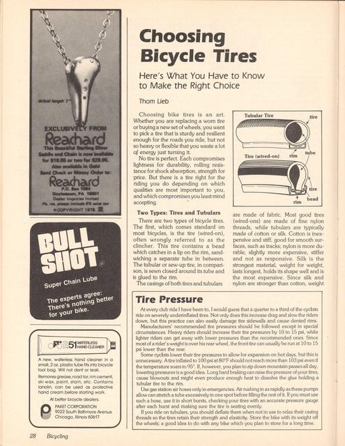 <------ Bicycling Magazine 03-1979 ------> Bicycle Tires - Part 3 - Choosing Bicycle Tires
